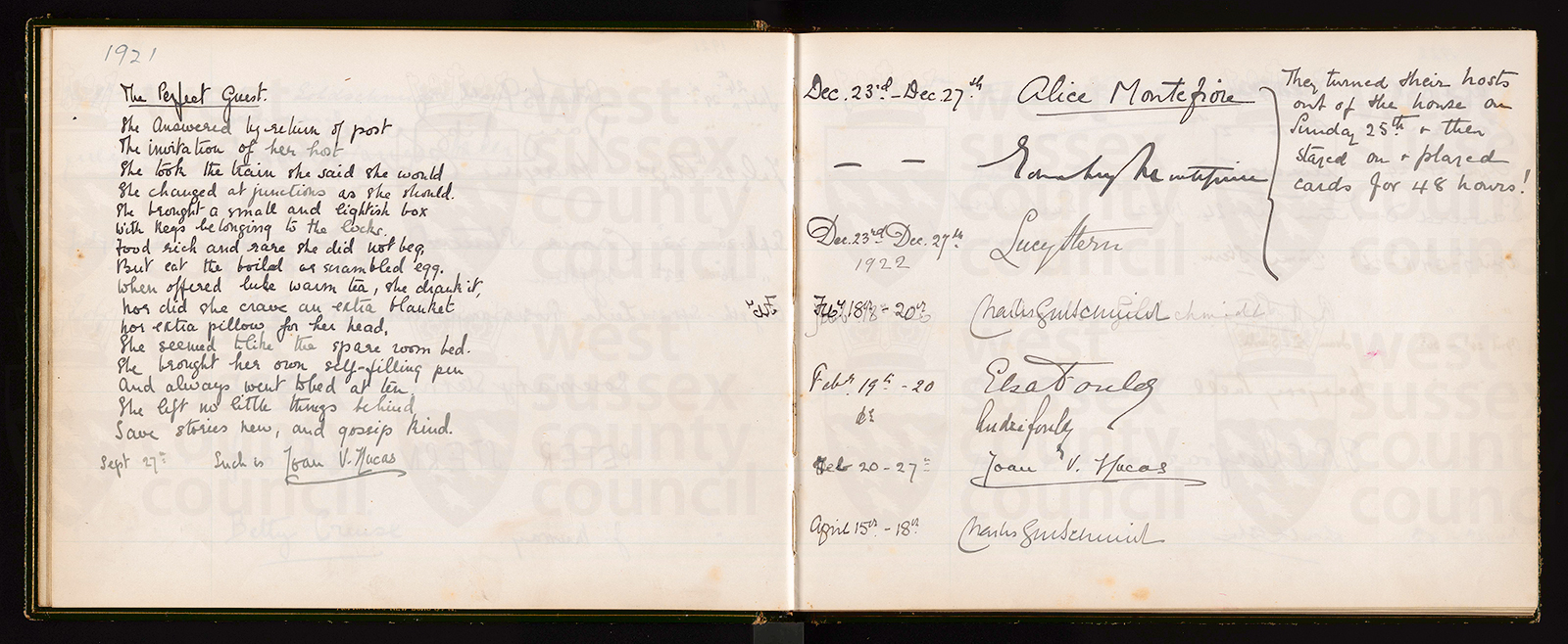 Host's Poem. Frederick's poem on his sister in law Joan' s visit, 27 Sept 1921. On top right page in December 1921 Alice and Edward Montefiore (card sharps) visit.