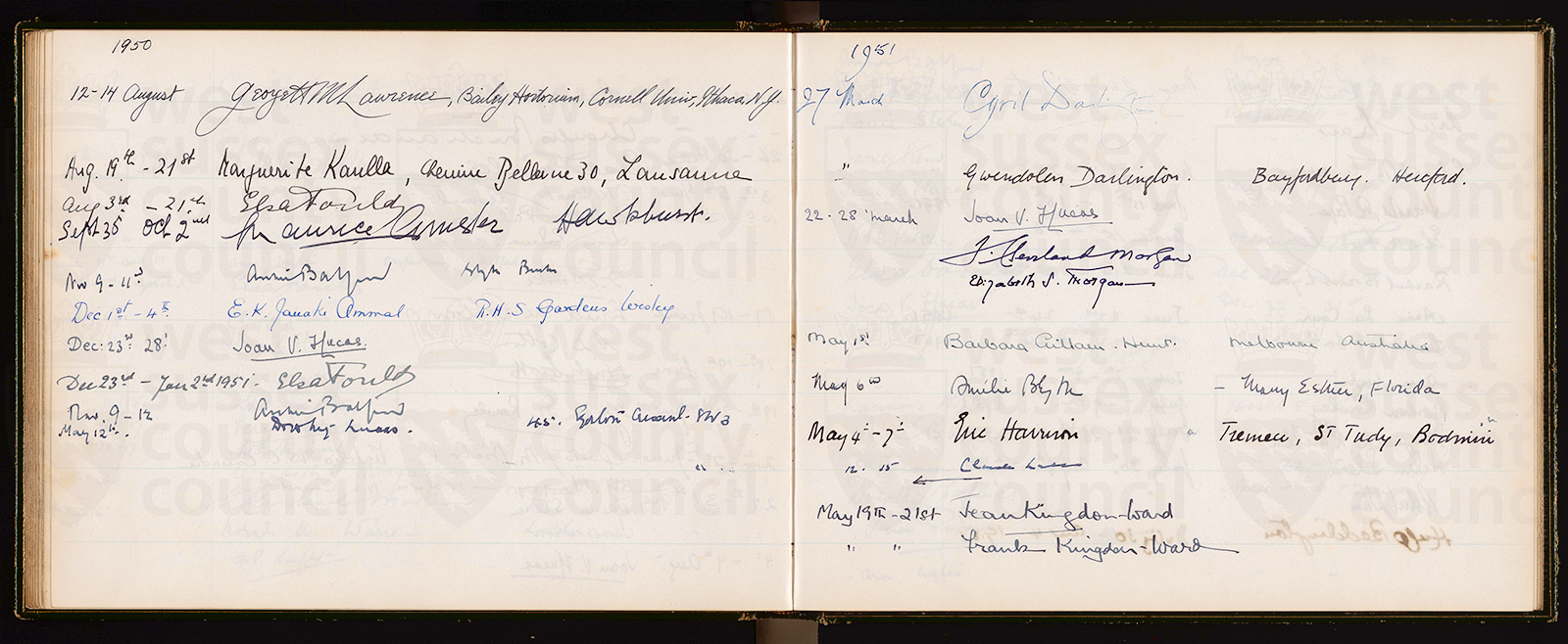 Last Plant Hunters. Bottom right Frank and Jean Kingdon-Ward 1 to 21 May, 1951. Other signatures international botanists, scientists and relatives.